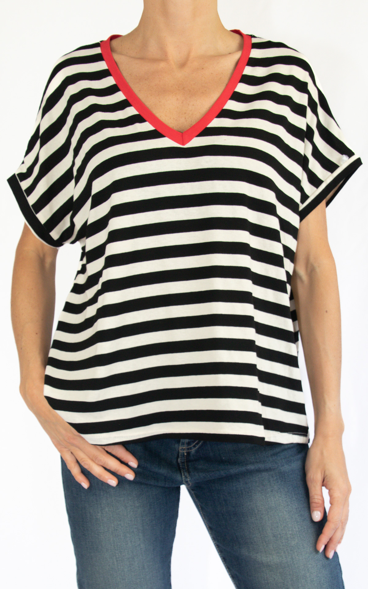 (image for) Off-On – t-shirt righe scollo V – nera