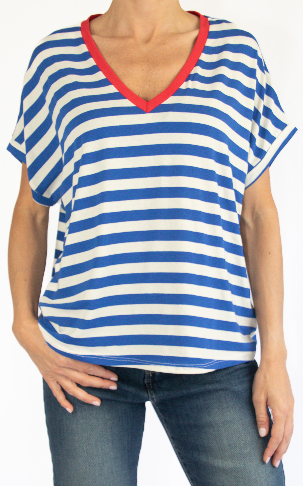 (image for) Off-On – t-shirt righe scollo V – azzurra