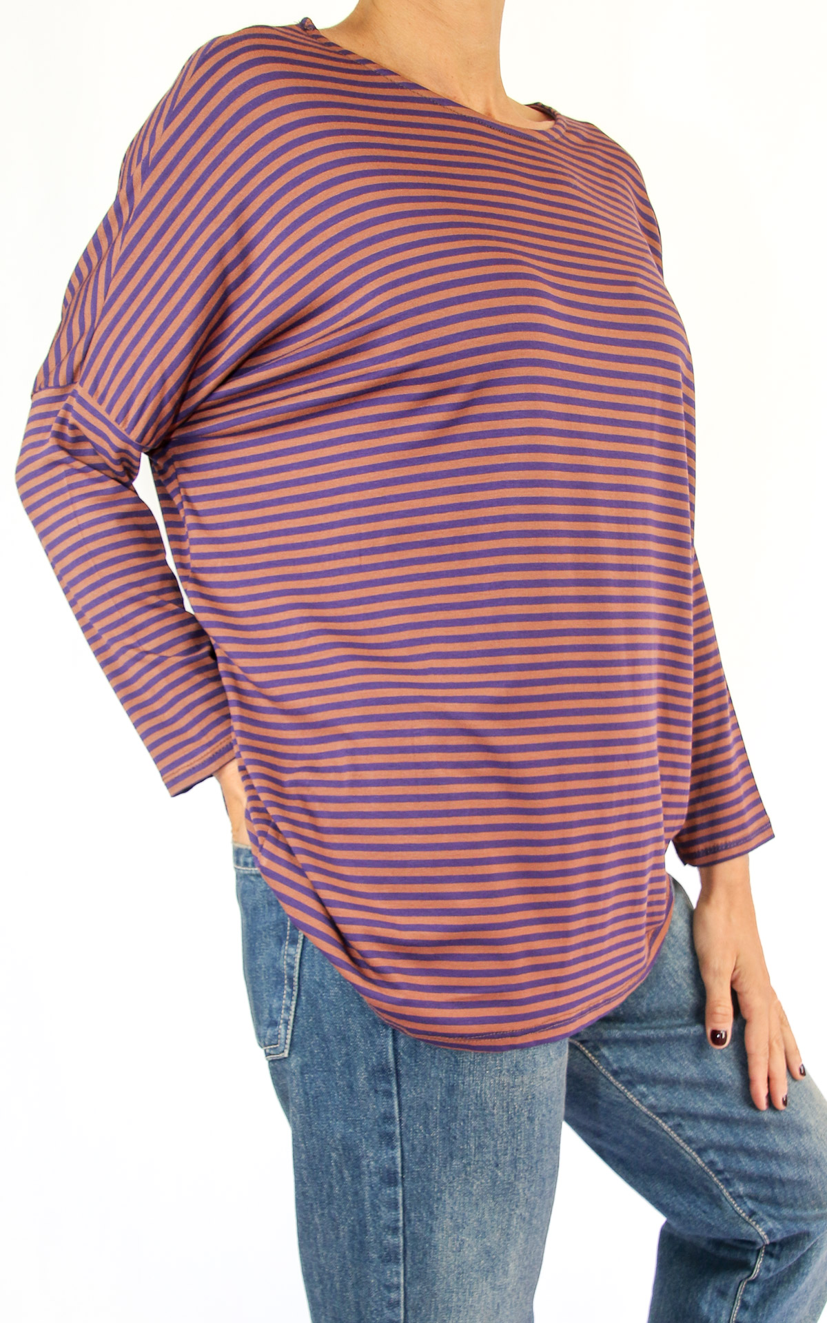 Off-On - t-shirt oversize a righe - viola/camel