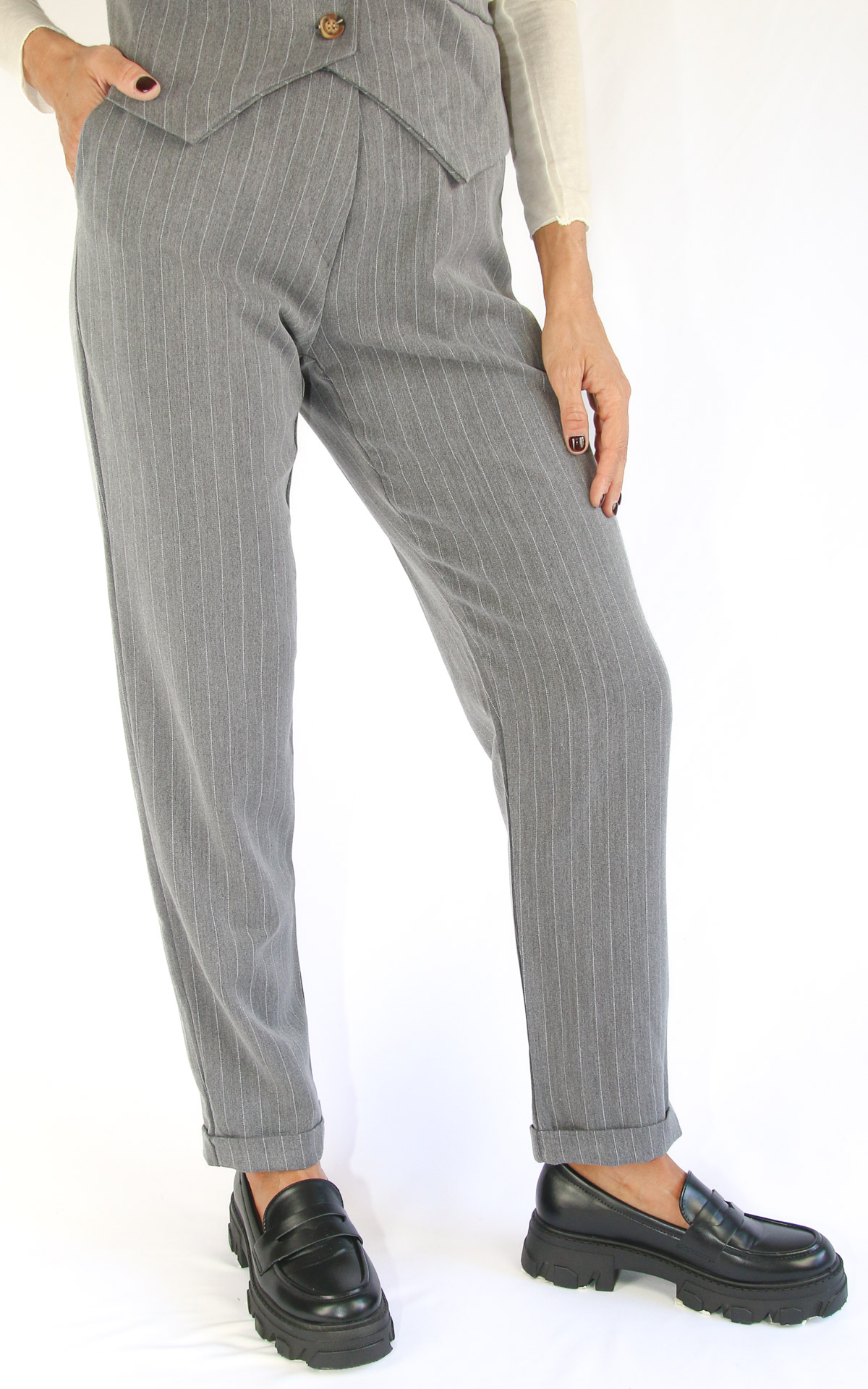 Initial - pantalone straight gessato - grigio/bianco
