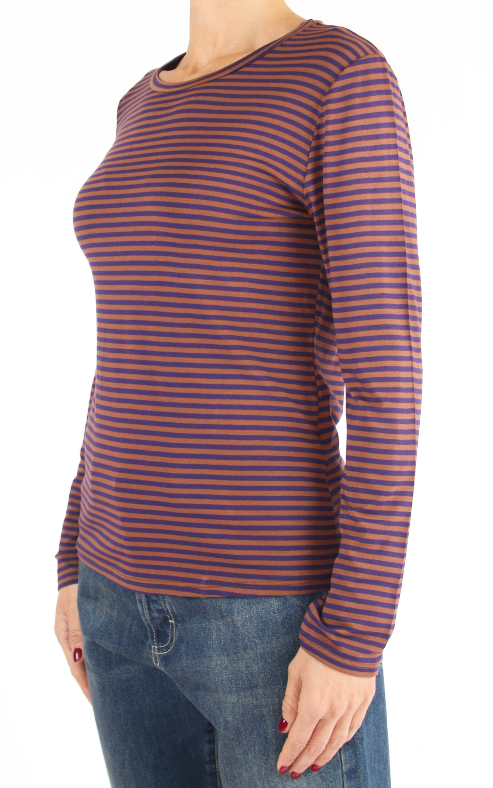 Off-On - t-shirt slim a righe - viola/camel