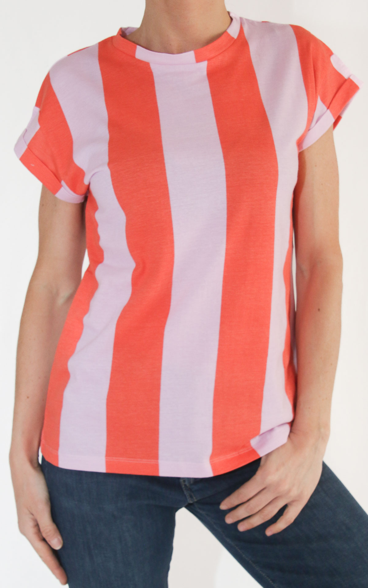 Compania fantastica - t-shirt riga verticale bicolore - Rosso/ rosa