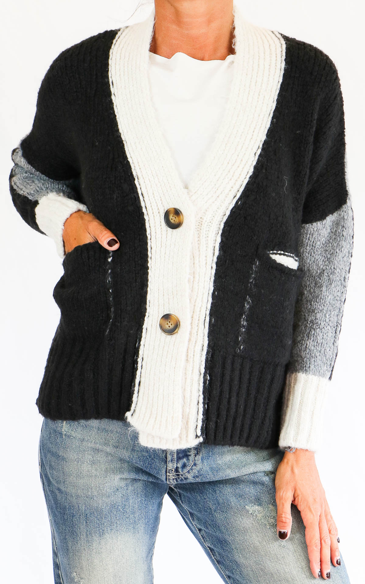 OFF-ON - Cardigan 3 colori - NERO/GRIGIO/BURRO