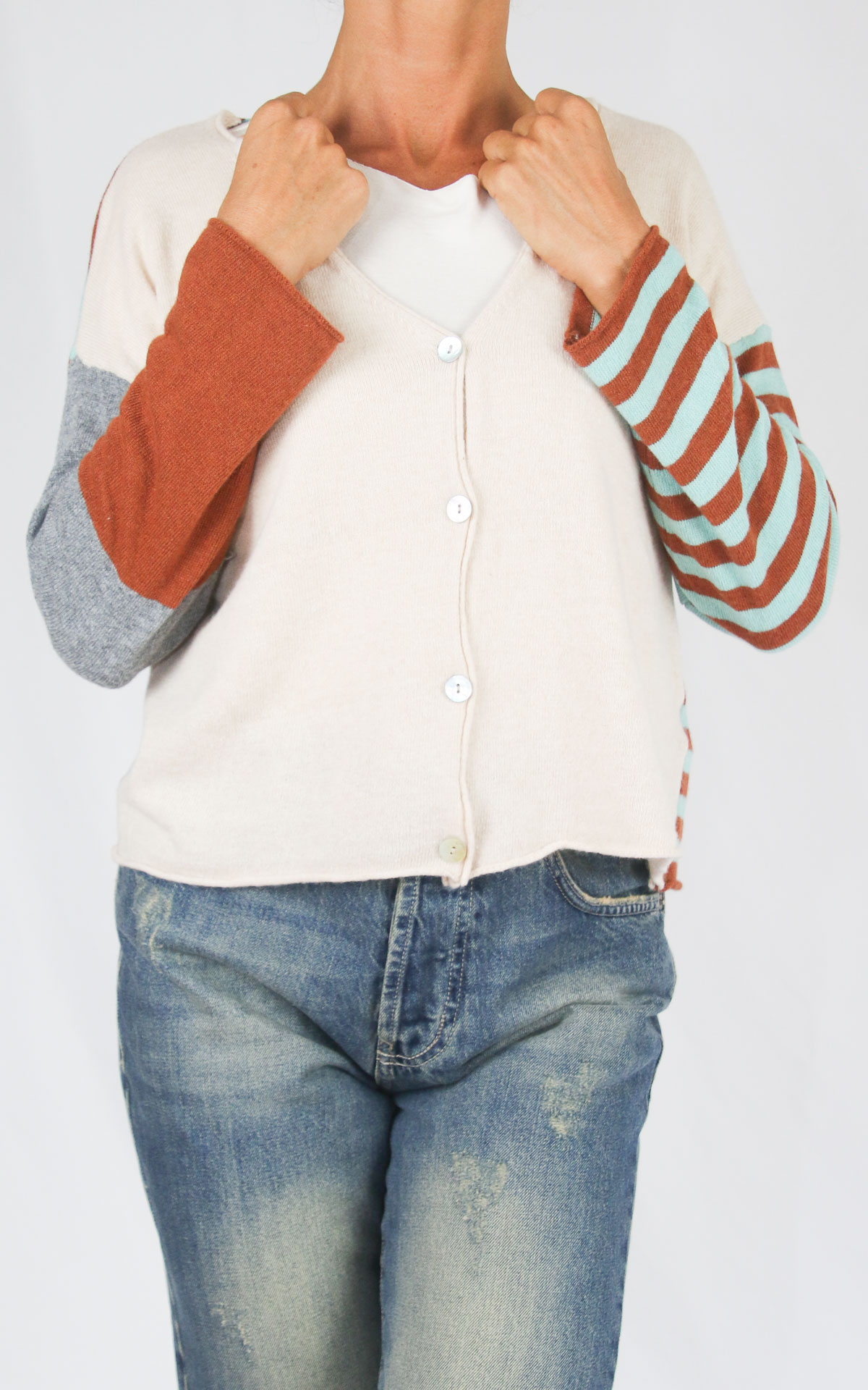 OFF-ON - Cardigan righe - BURRO/ BRUCIATO/ TURCHESE