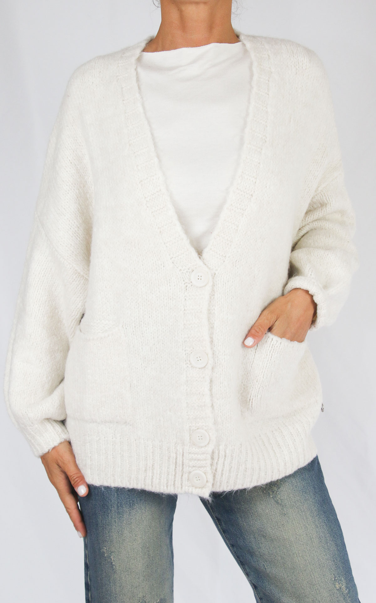 ECO - Cardigan bottoni con scritta VIBES - PANNA