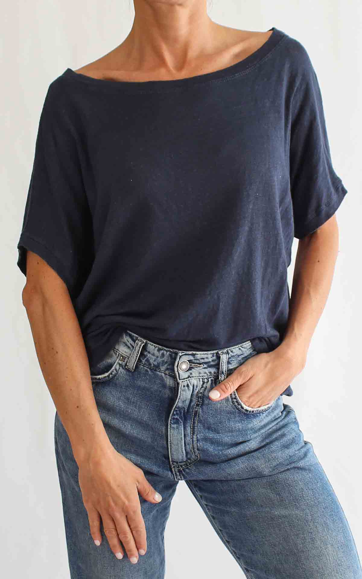 OFF-ON - T-Shirt lino scollo barca - BLU