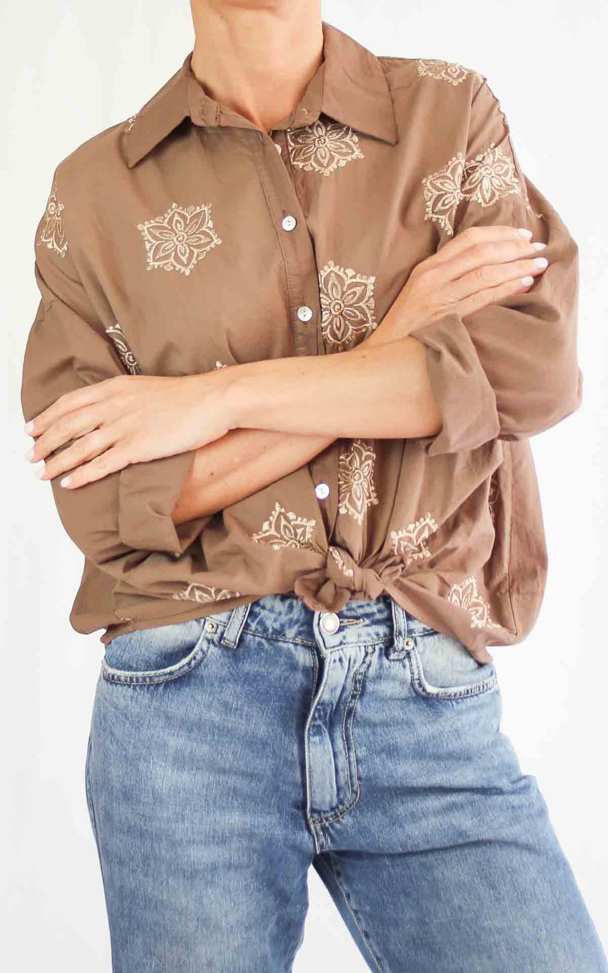 OFF-ON - Camicia mussola ricamo - MORO