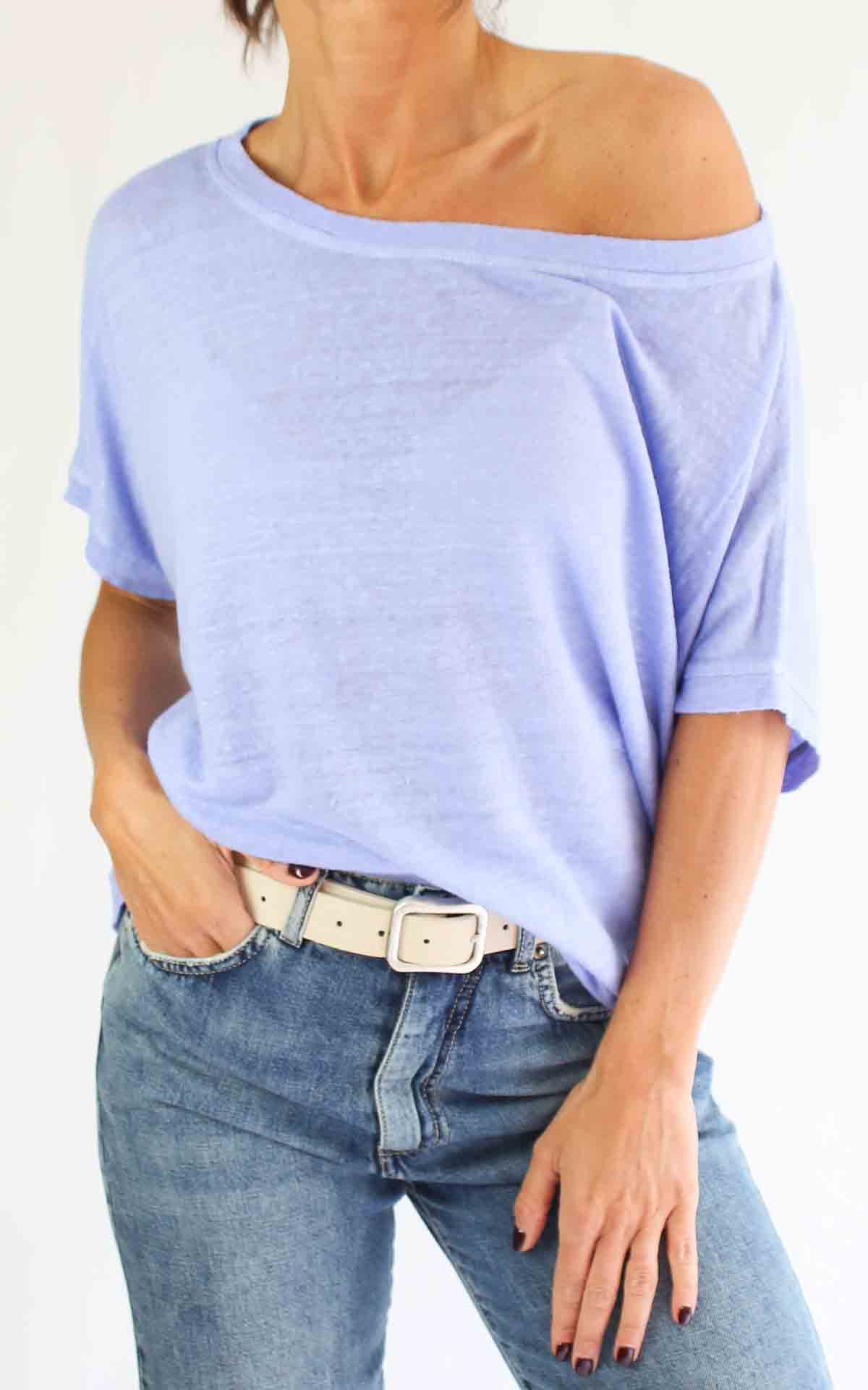 OFF-ON - T-Shirt lino scollo barca - AZZURRO
