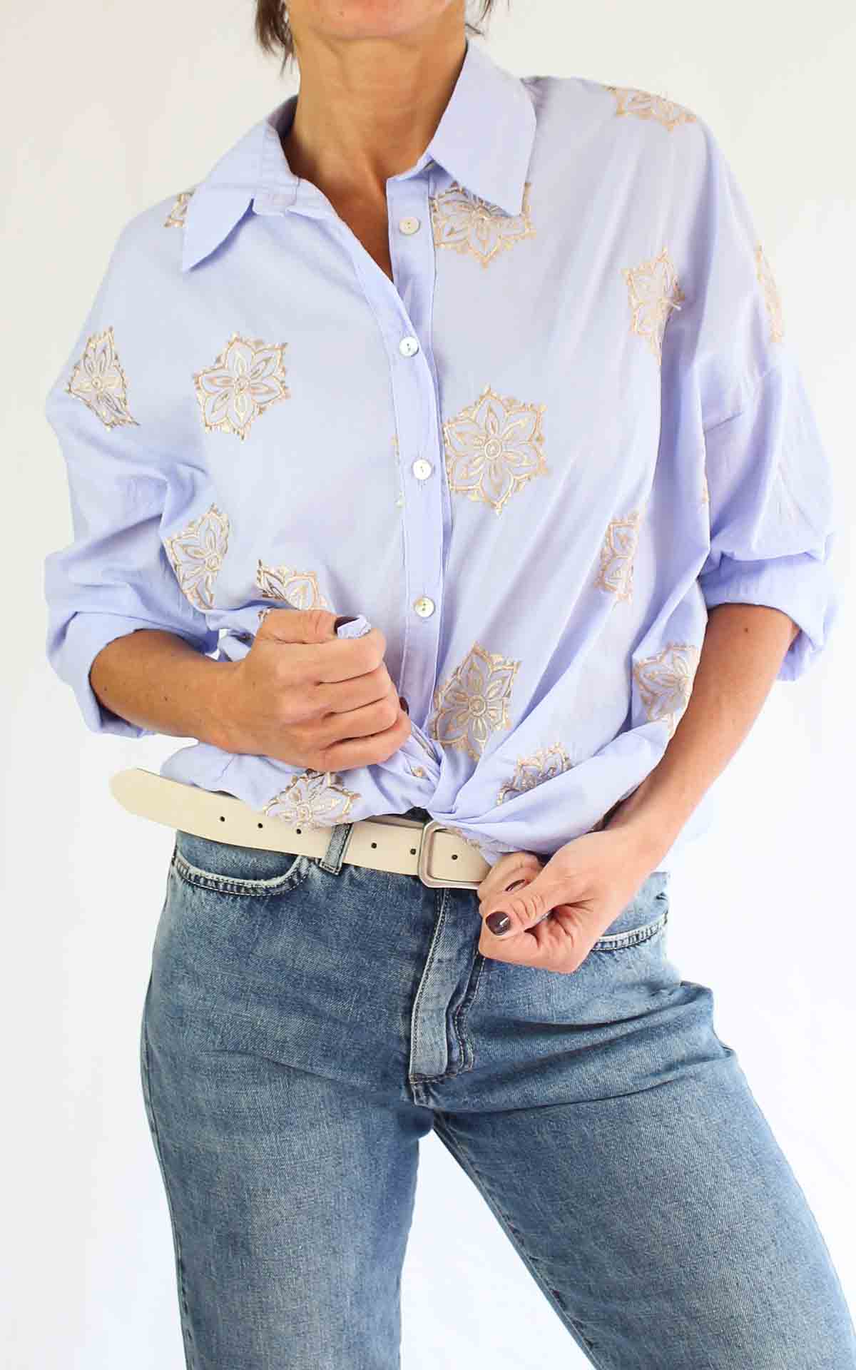 OFF-ON – Camicia mussola ricamo – CELESTE