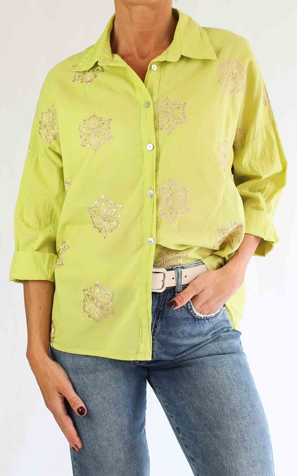 OFF-ON – Camicia mussola ricamo – VERDE LIME