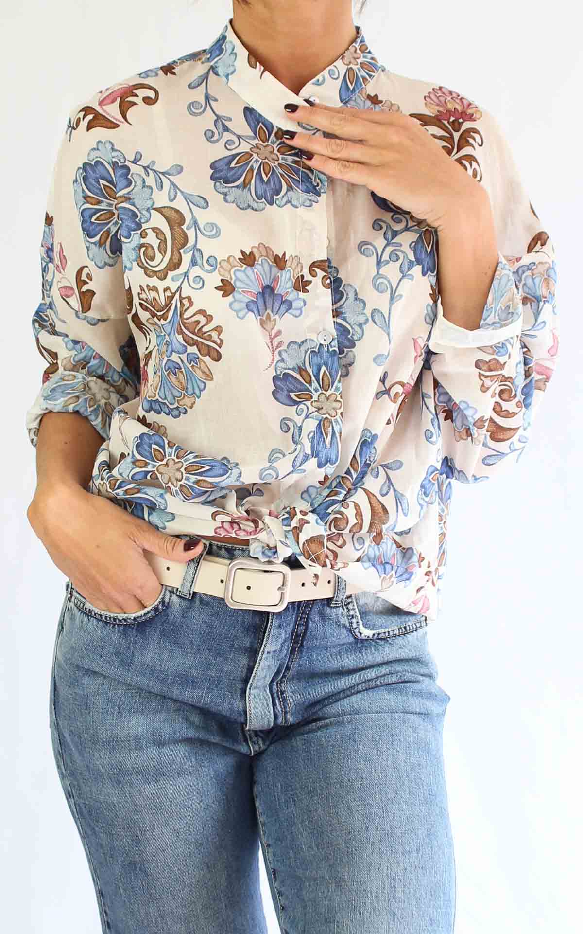 OFF-ON - Camicia collo coreana fantasia - BLU/ MORO