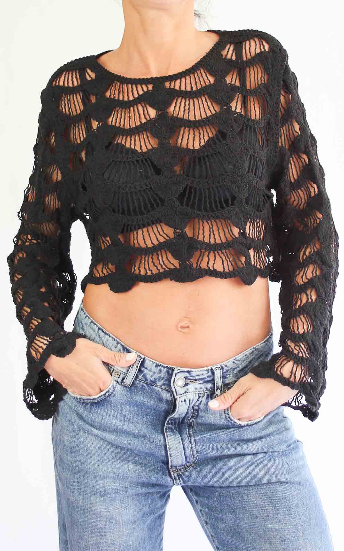 OFF-ON - Maglia crop uncinetto - NERO