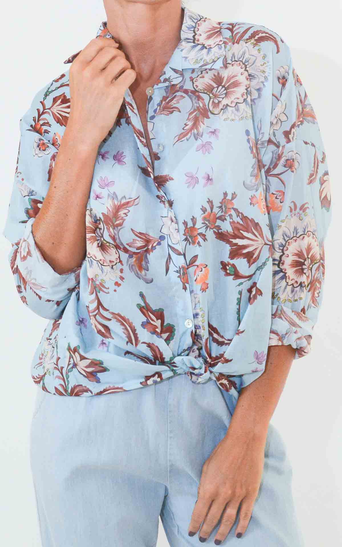OFF-ON - Camicia mussola fantasia fiori - CELESTE