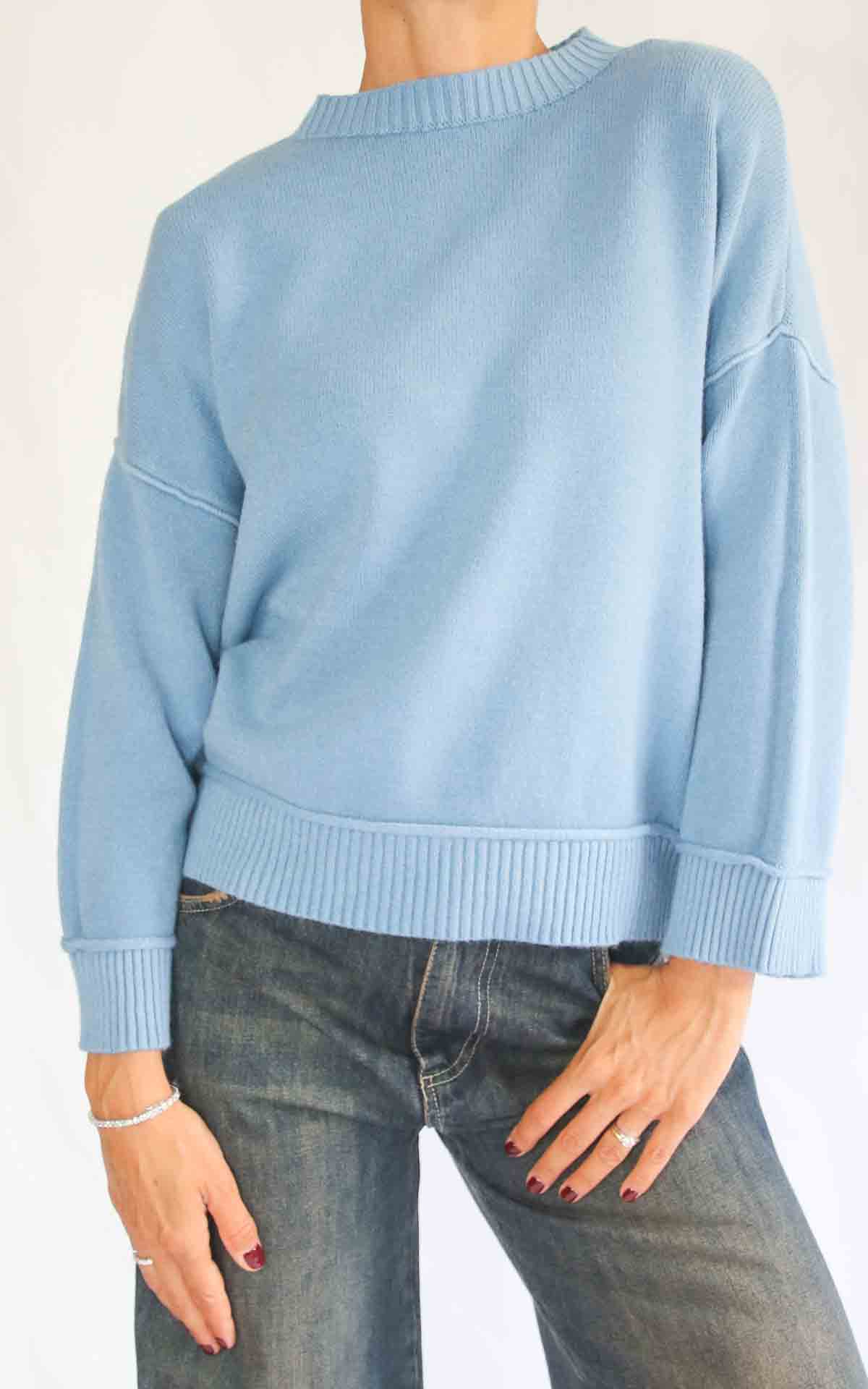 INITIAL - Maglia manica coste - CELESTE