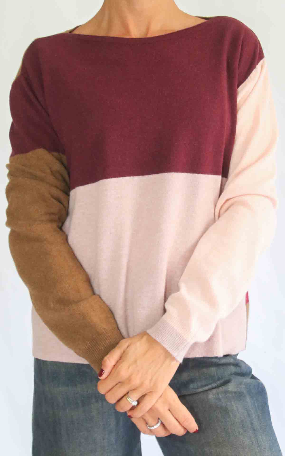 OFF-ON - Maglia multicolore righe - CAMEL / BURGUNDY