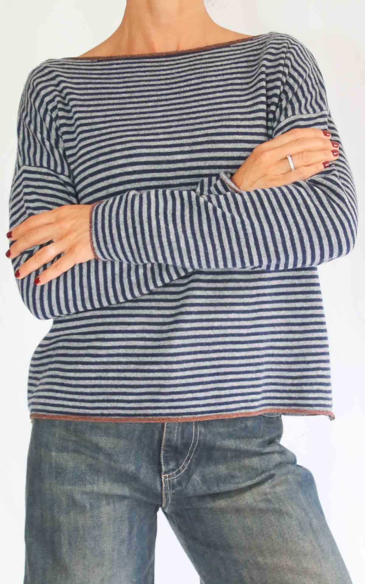 OFF-ON- Maglia micro riga lurex - BLU / GRIGIO