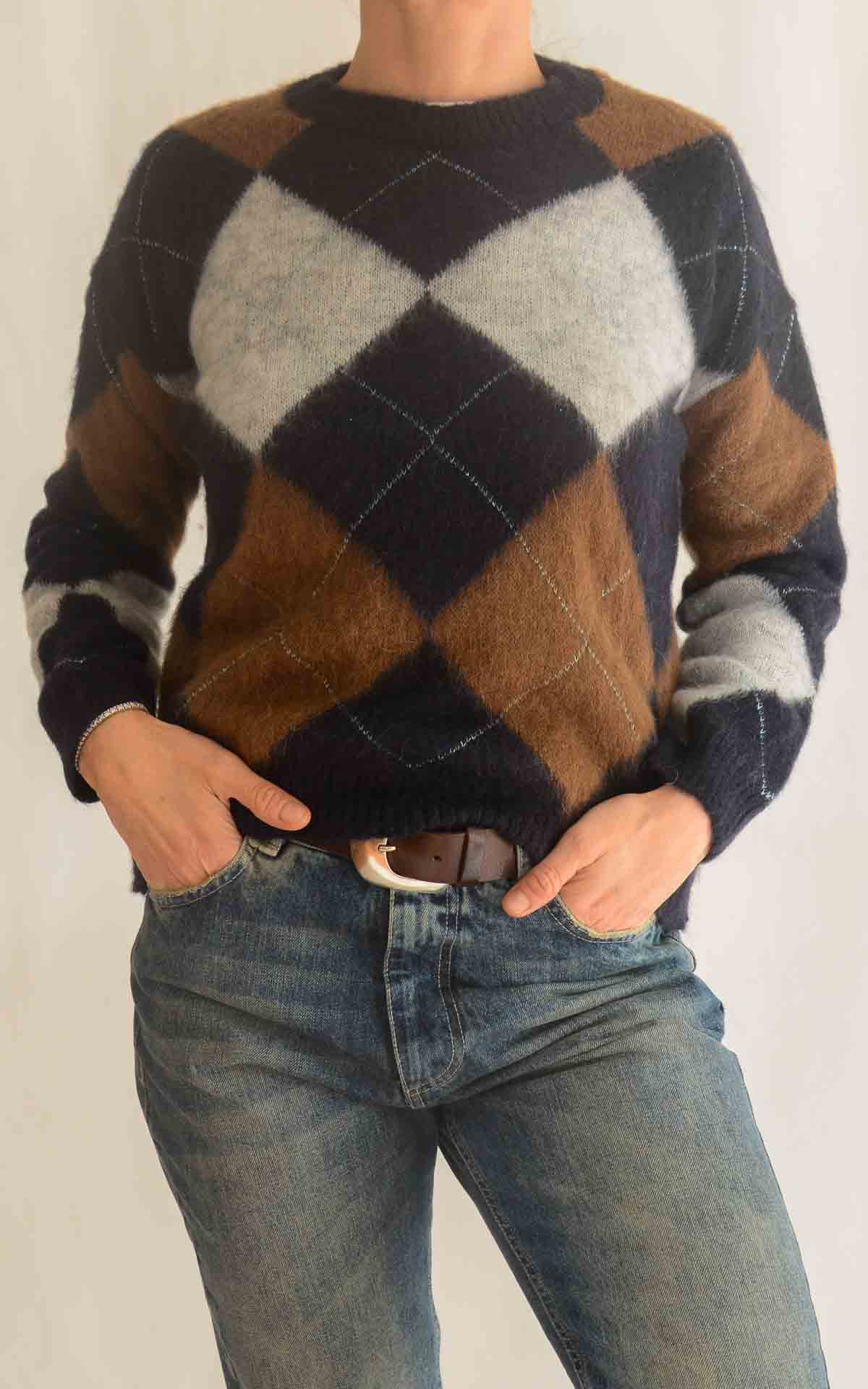 OFF-ON – Maglia rombi garzata – MARRONE/BLU