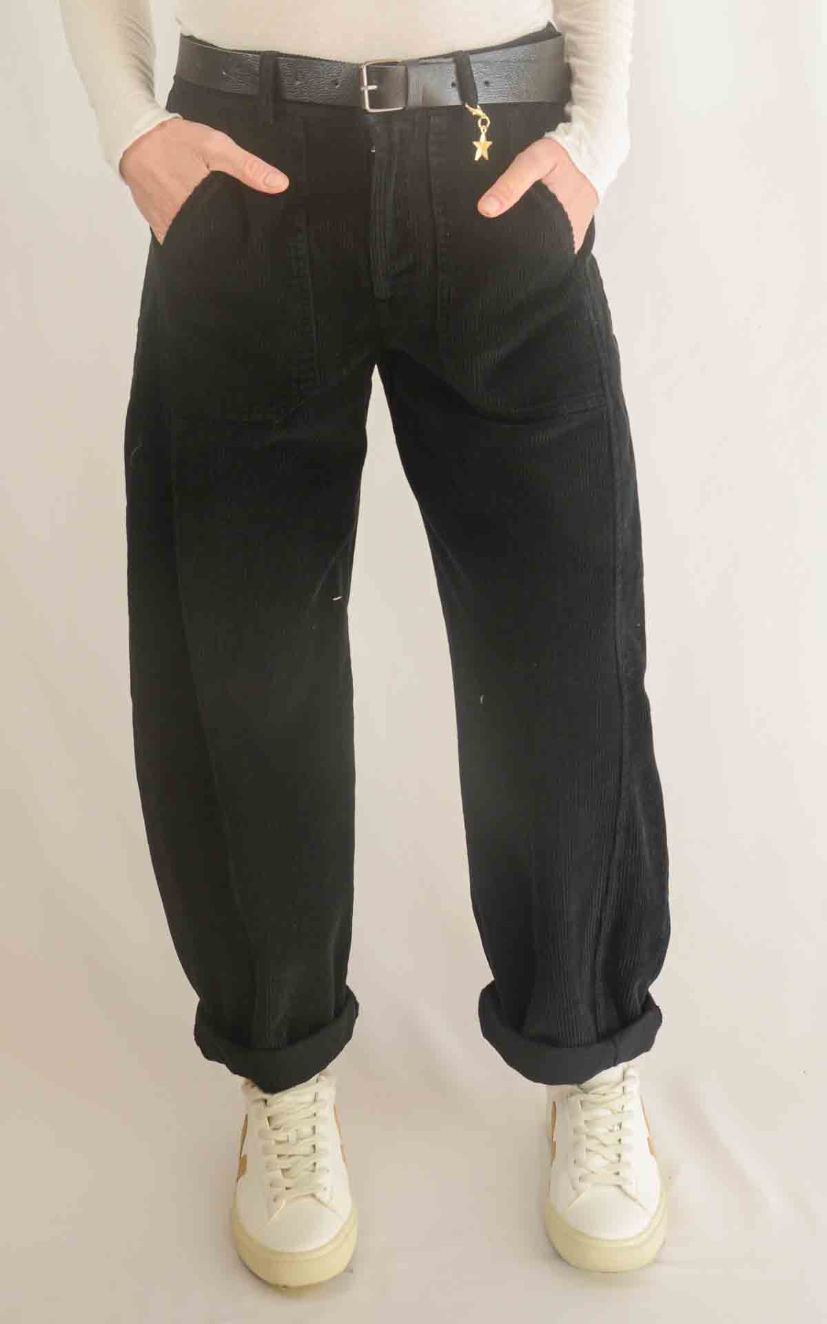 SUSYMIX - Pantalone velluto ovetto con elastico - NERO
