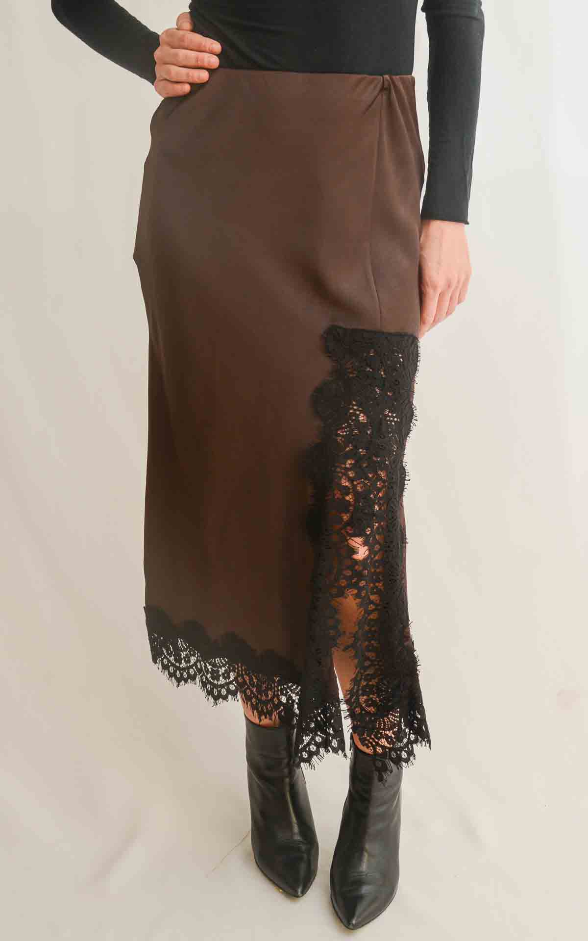 OFF-ON - Gonna satin con spacco pizzo - MORO