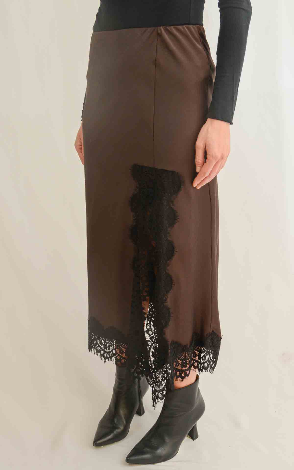 OFF-ON - Gonna satin con spacco pizzo - MORO