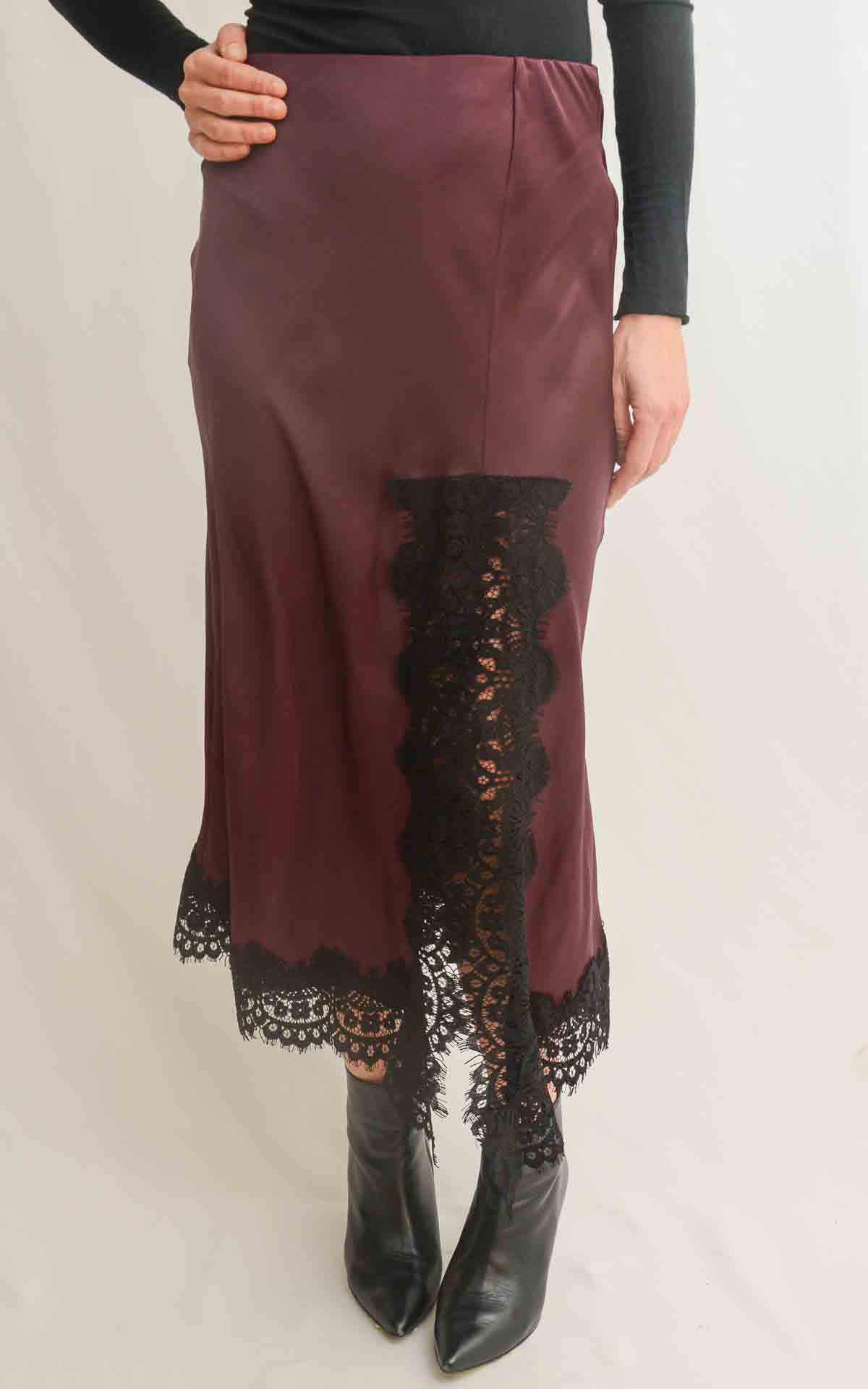 OFF-ON - Gonna satin con spacco pizzo - BORDEAUX