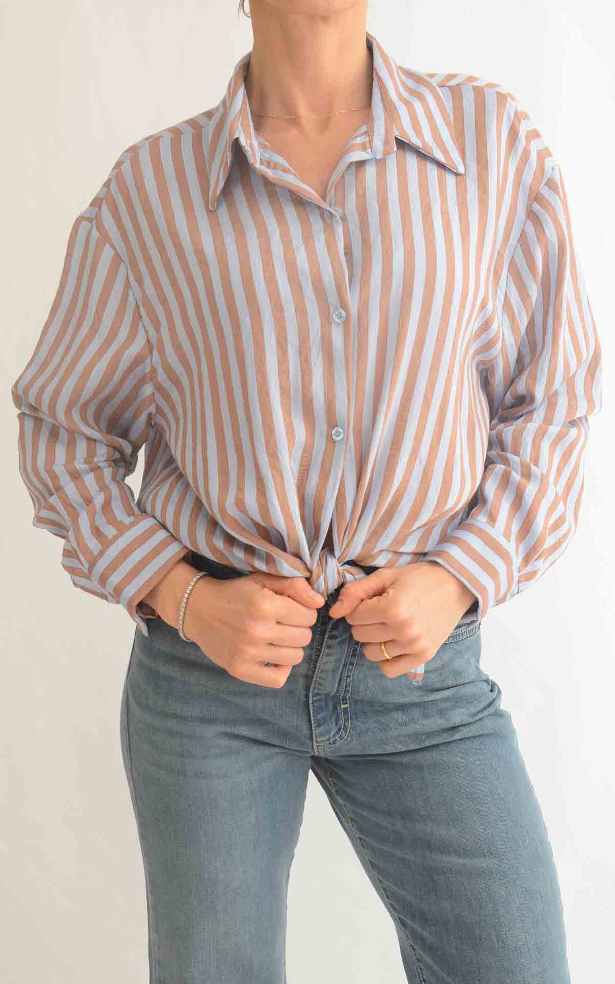 OFF-ON – Camicia viscosa riga – CELESTE / CAMEL