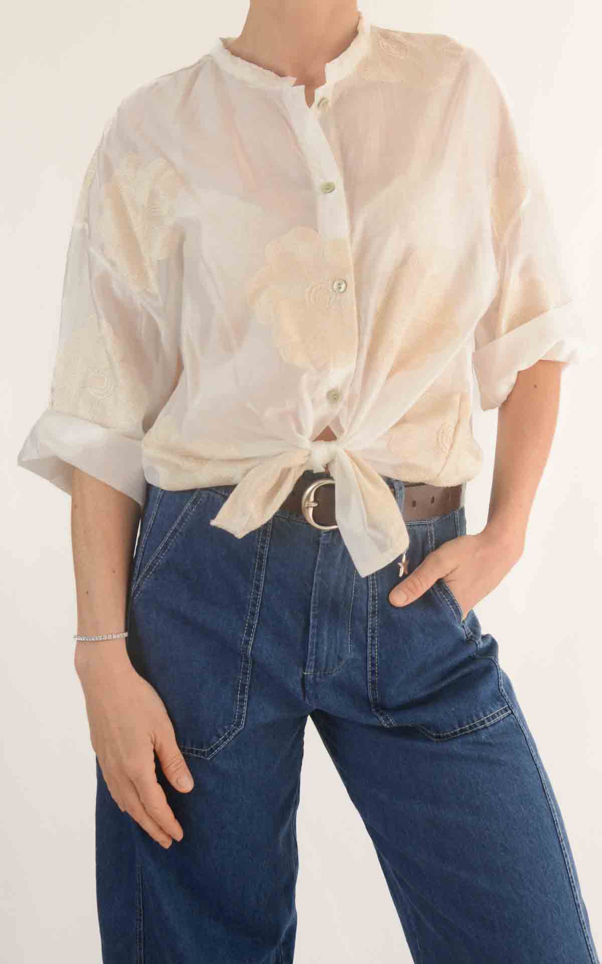 MINTH - Camicia morbida ricamo fiori - PANNA